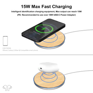 Bamboo Wood Wireless Charger Pad, 15W Fast Charge, Qi Certified, Compatible with iPhone, Elegant Home or Office Decor